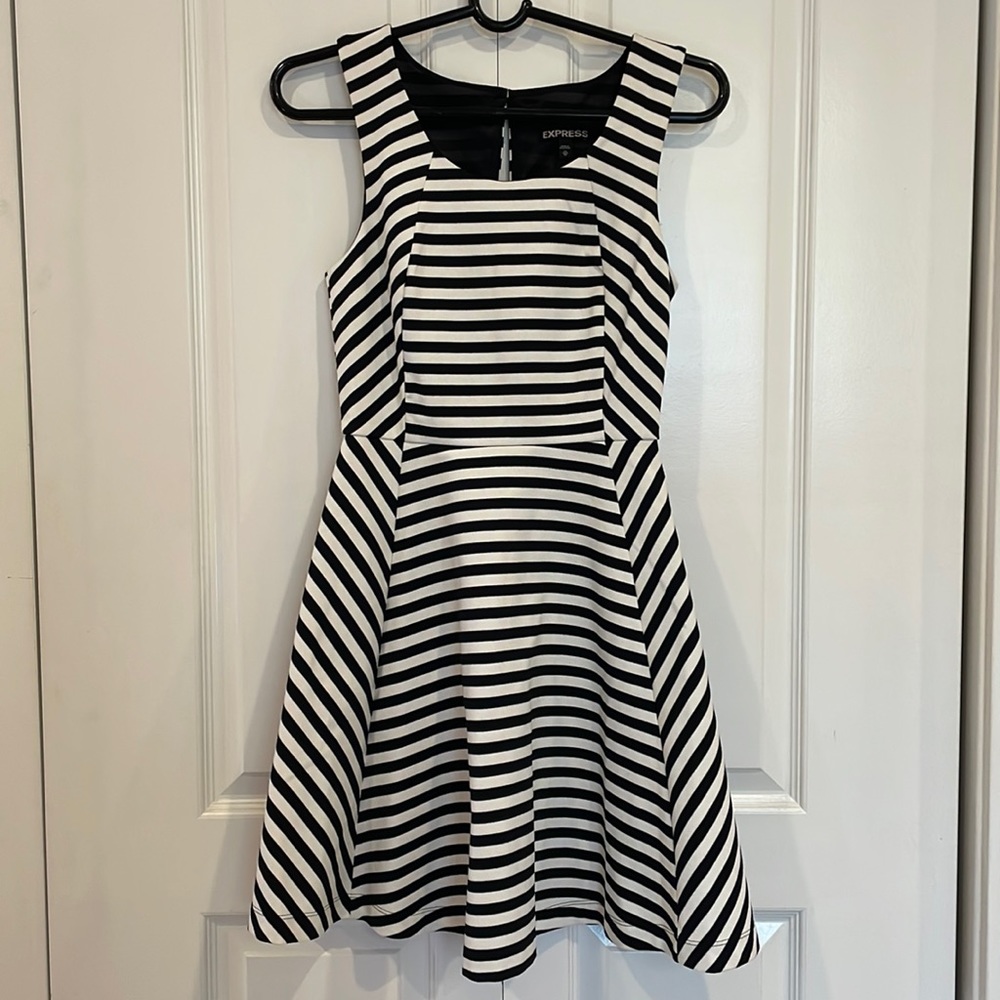 Express Black and White Striped Skater Dress